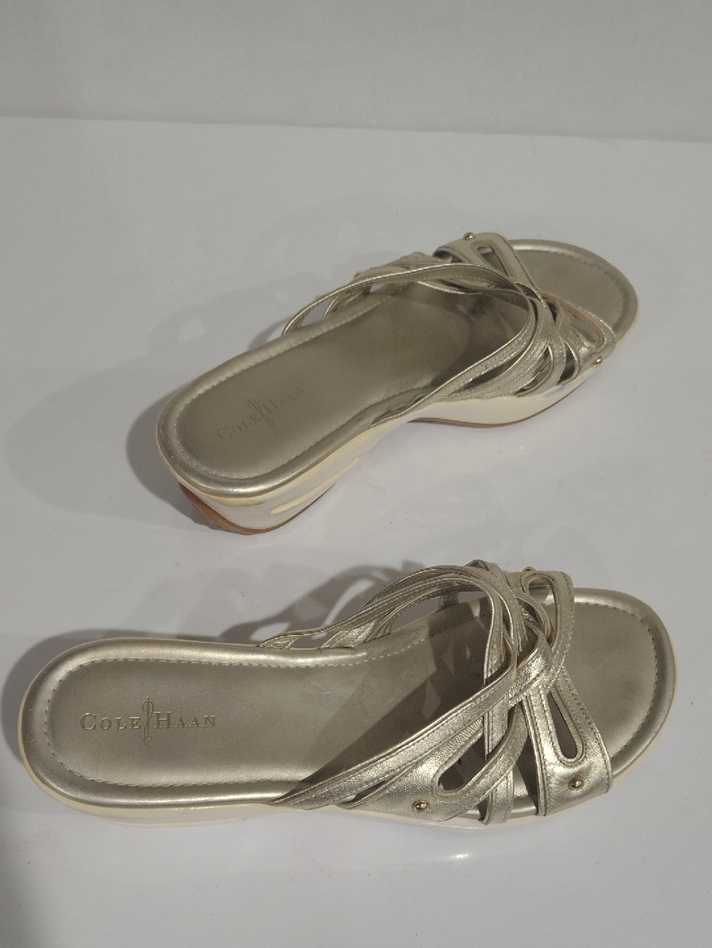 Cole Haan Metallic Gold Strappy Wedge Slides Size 8B